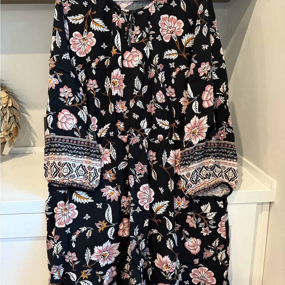 Floral Black and Pink Long Sleeve Dress